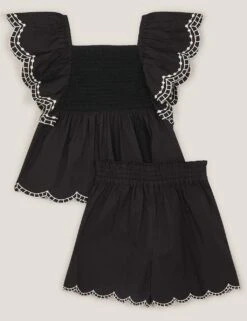 MONSOON 2pc Pure Cotton Embroidered Top & Shorts Set (3-13 Yrs) -Marksandspencer Sale Store 2pc pure cotton embroidered top and shorts set 3 13 yrs 1 2