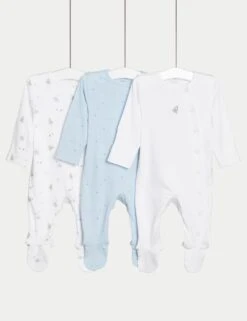3pk Pure Cotton Rocket & Star Sleepsuits (6½lbs-3 Yrs)