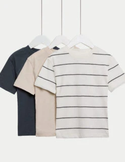 3pk Pure Cotton Striped & Plain T-Shirts (2-8 Yrs)