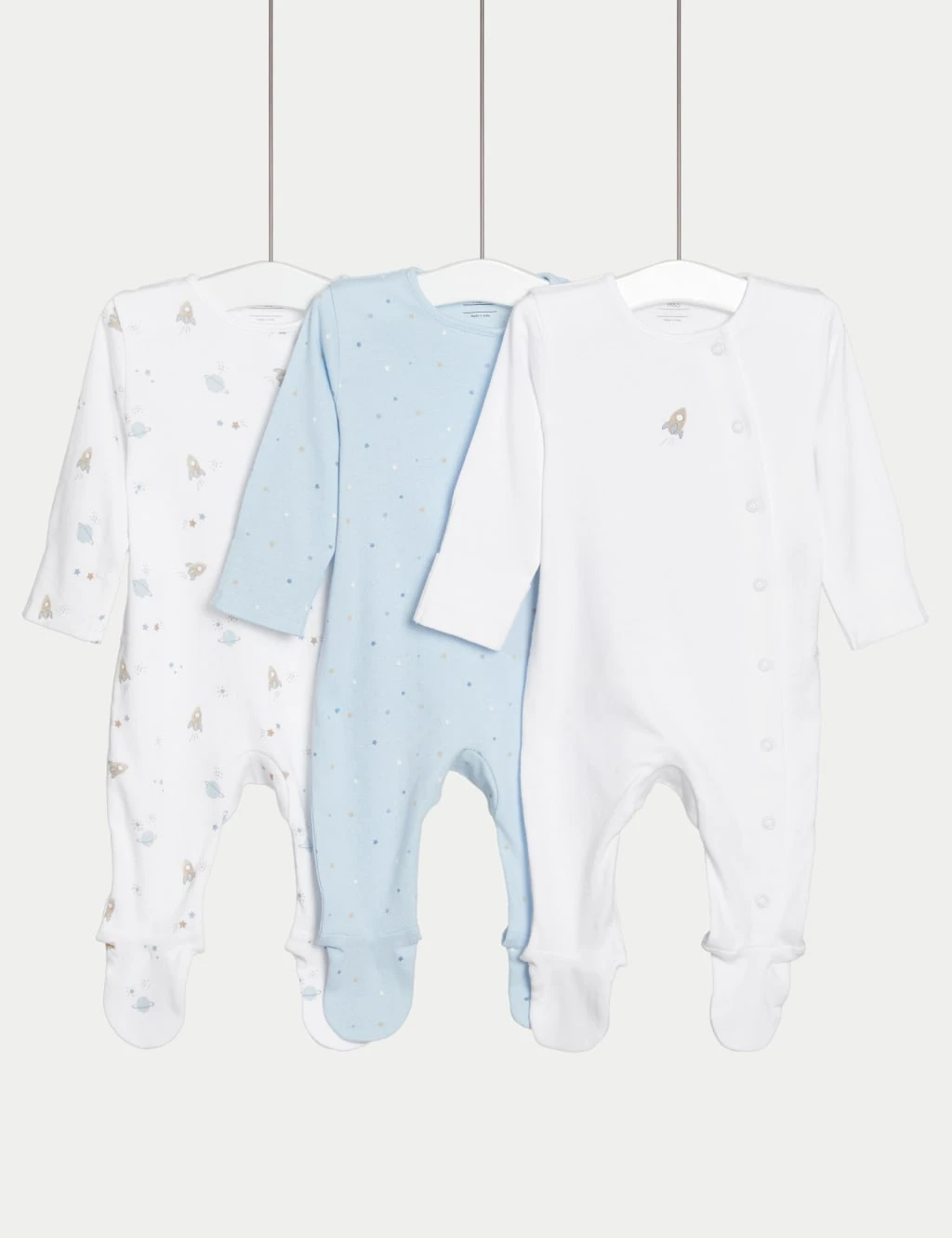 3pk Pure Cotton Rocket & Star Sleepsuits (6½lbs-3 Yrs) 2 3pk Pure Cotton Rocket & Star Sleepsuits (6½lbs-3 Yrs) - Image 2