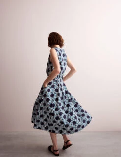 Jaeger Cotton Blend Gingham Spot Print Midi Dress