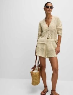 Cotton Blend Pointelle V-Neck Button Front Cardigan -Marksandspencer Sale Store Cotton Blend Pointelle V Neck Button Front Cardigan 2