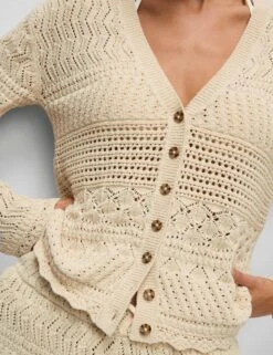 Cotton Blend Pointelle V-Neck Button Front Cardigan -Marksandspencer Sale Store Cotton Blend Pointelle V Neck Button Front Cardigan 4