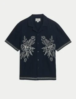 Cotton Linen Blend Short Sleeve Embroidered Shirt -Marksandspencer Sale Store Cotton Linen Blend Short Sleeve Embroidered Shirt 1