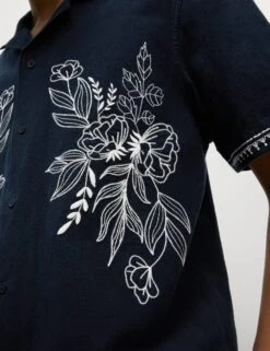Cotton Linen Blend Short Sleeve Embroidered Shirt -Marksandspencer Sale Store Cotton Linen Blend Short Sleeve Embroidered Shirt 2