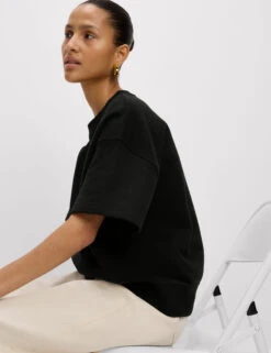 Cotton Rich Crew Neck Cropped Sweatshirt -Marksandspencer Sale Store Cotton Rich Crew Neck Cropped Sweatshirt 3