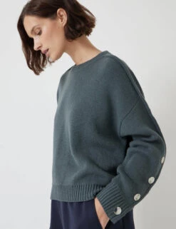 Cotton Rich Crew Neck Popper Sleeve Jumper