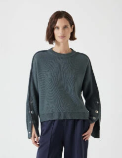 Cotton Rich Crew Neck Popper Sleeve Jumper -Marksandspencer Sale Store Cotton Rich Crew Neck Popper Sleeve Jumper 3