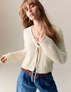 Cotton Rich Pointelle V-Neck Tie Front Relaxed Cardigan -Marksandspencer Sale Store Cotton Rich Pointelle V Neck Tie Front Relaxed Cardigan 3