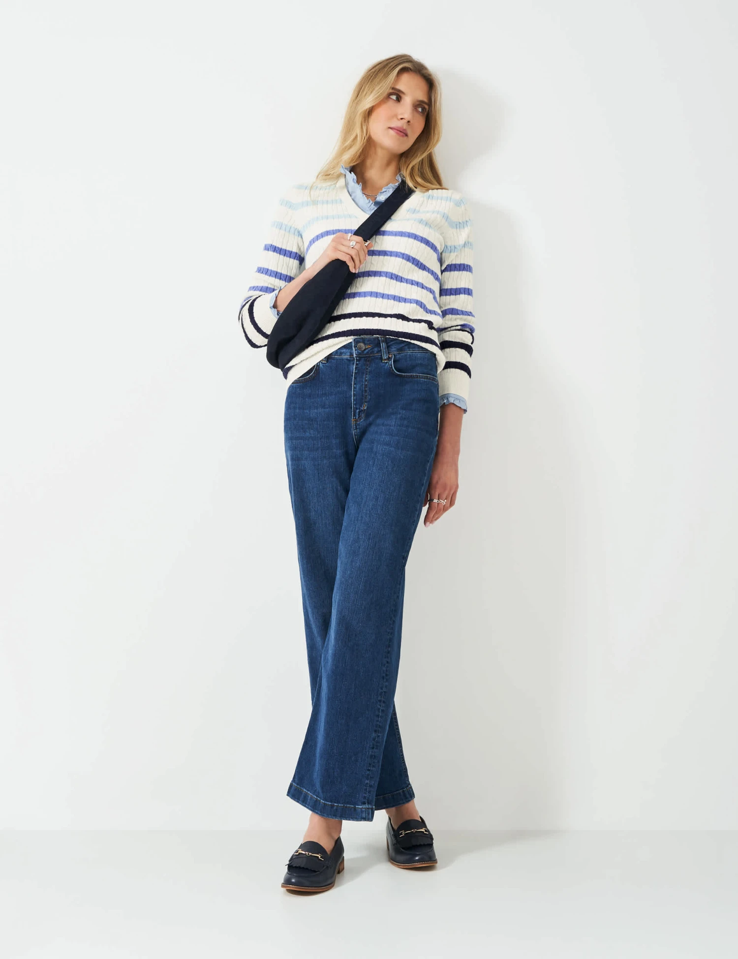 Cotton Rich Striped Cable Knit V-Neck Jumper 3 Cotton Rich Striped Cable Knit V-Neck Jumper - Image 3