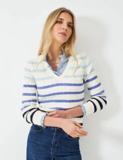 Cotton Rich Striped Cable Knit V-Neck Jumper