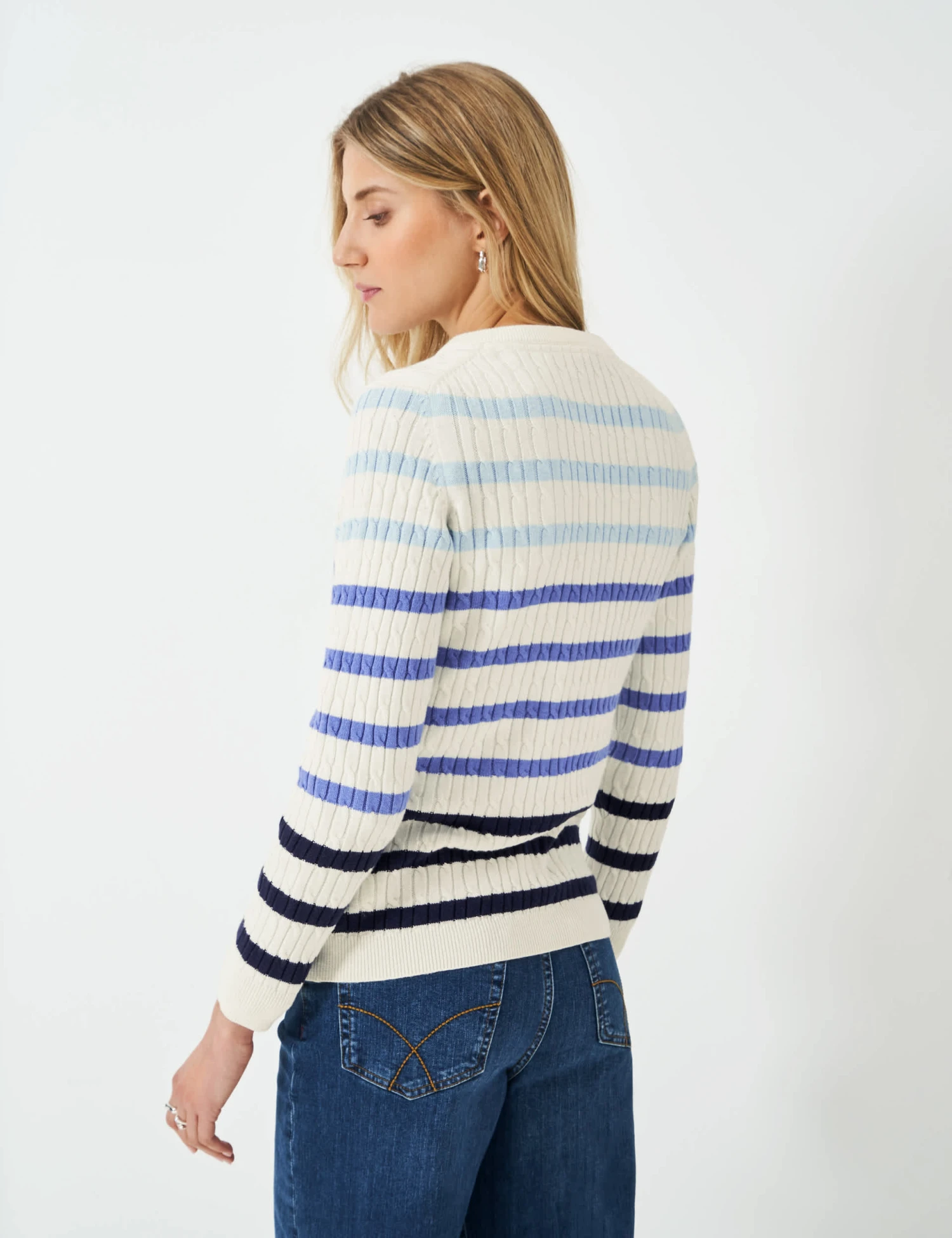 Cotton Rich Striped Cable Knit V-Neck Jumper 4 Cotton Rich Striped Cable Knit V-Neck Jumper - Image 4