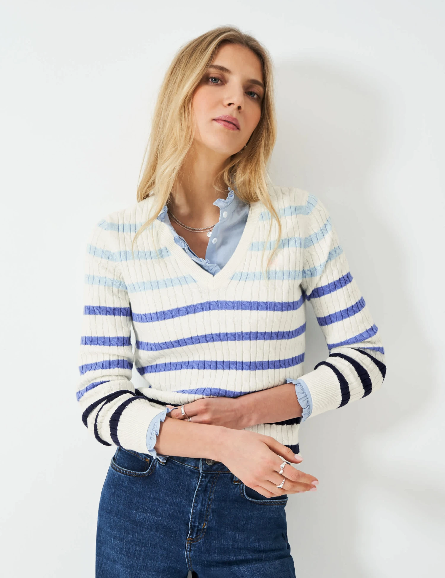 Cotton Rich Striped Cable Knit V-Neck Jumper 1 Cotton Rich Striped Cable Knit V-Neck Jumper