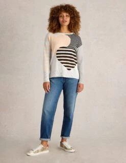 WHITE STUFF Cotton Rich Striped Heart Crew Neck Jumper -Marksandspencer Sale Store Cotton Rich Striped Heart Crew Neck Jumper 2