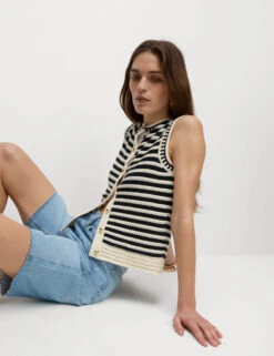 Cotton Rich Striped Knitted Waistcoat -Marksandspencer Sale Store Cotton Rich Striped Knitted Waistcoat 2