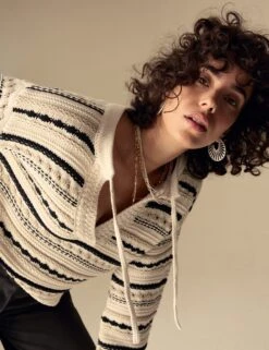 Cotton Rich Striped Textured V-Neck Jumper