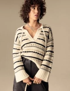 Cotton Rich Striped Textured V-Neck Jumper -Marksandspencer Sale Store Cotton Rich Striped Textured V Neck Jumper 3