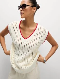 Cotton Rich Textured V-Neck Knitted Vest -Marksandspencer Sale Store Cotton Rich Textured V Neck Knitted Vest 3