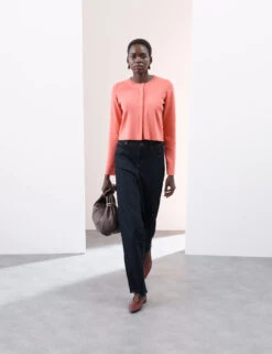 Crew Neck Button Front Cropped Cardigan -Marksandspencer Sale Store Crew Neck Button Front Cropped Cardigan 3