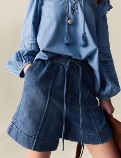 Denim High Waisted Seam Detail Shorts