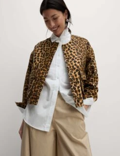 Denim Leopard Print Collarless Jacket