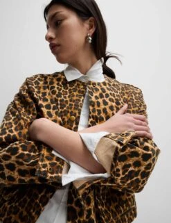 Denim Leopard Print Collarless Jacket -Marksandspencer Sale Store Denim Leopard Print Collarless Jacket 6