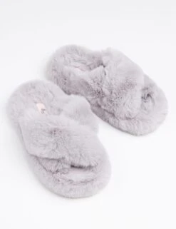 Faux Fur Crossover Open Toe Slider Slippers
