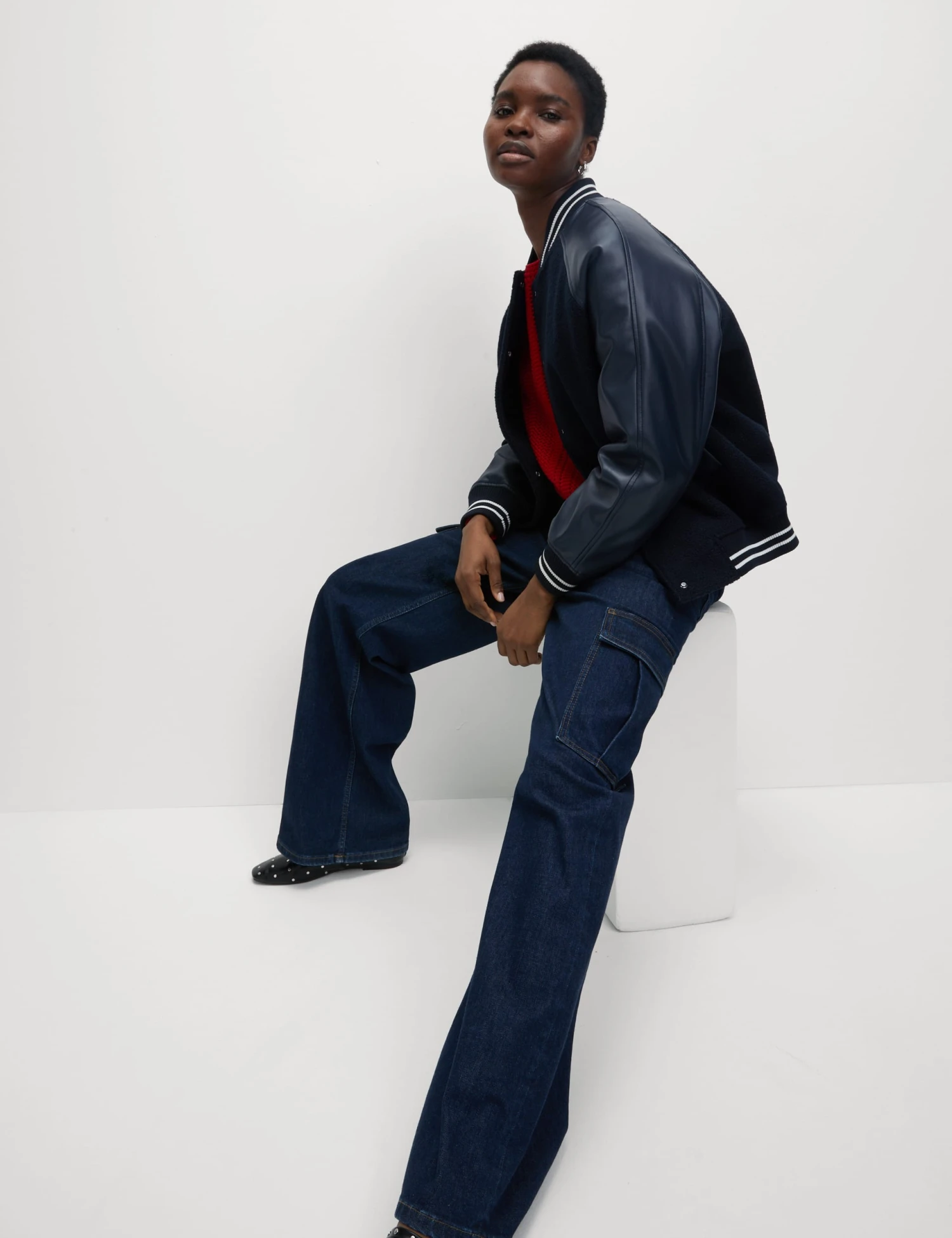 Faux Leather Relaxed College Bomber Jacket 6 Faux Leather Relaxed College Bomber Jacket - Image 6