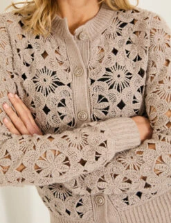 Floral Open Knit Crew Neck Cardigan -Marksandspencer Sale Store Floral Open Knit Crew Neck Cardigan 4
