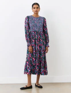 Floral Shired Midi Smock Dress