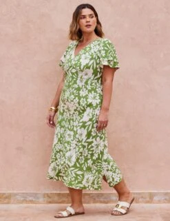 Floral V-Neck Angel Sleeve Midaxi Tea Dress