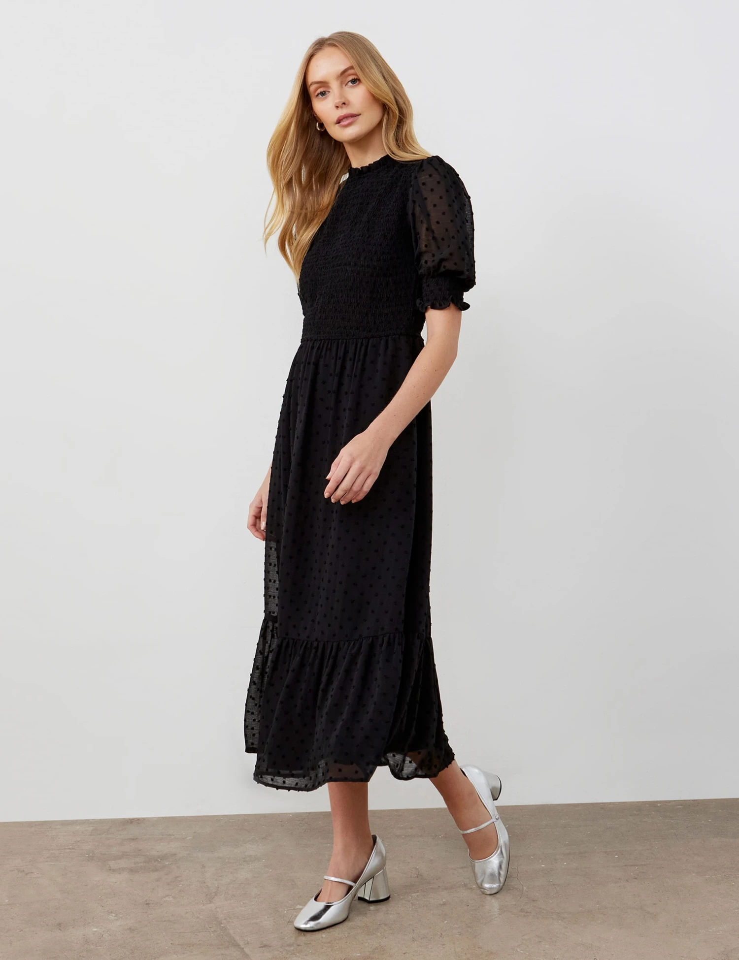 Georgette Textured Shirred Midi Tea Dress 3 Georgette Textured Shirred Midi Tea Dress - Image 3