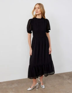 Georgette Textured Shirred Midi Tea Dress