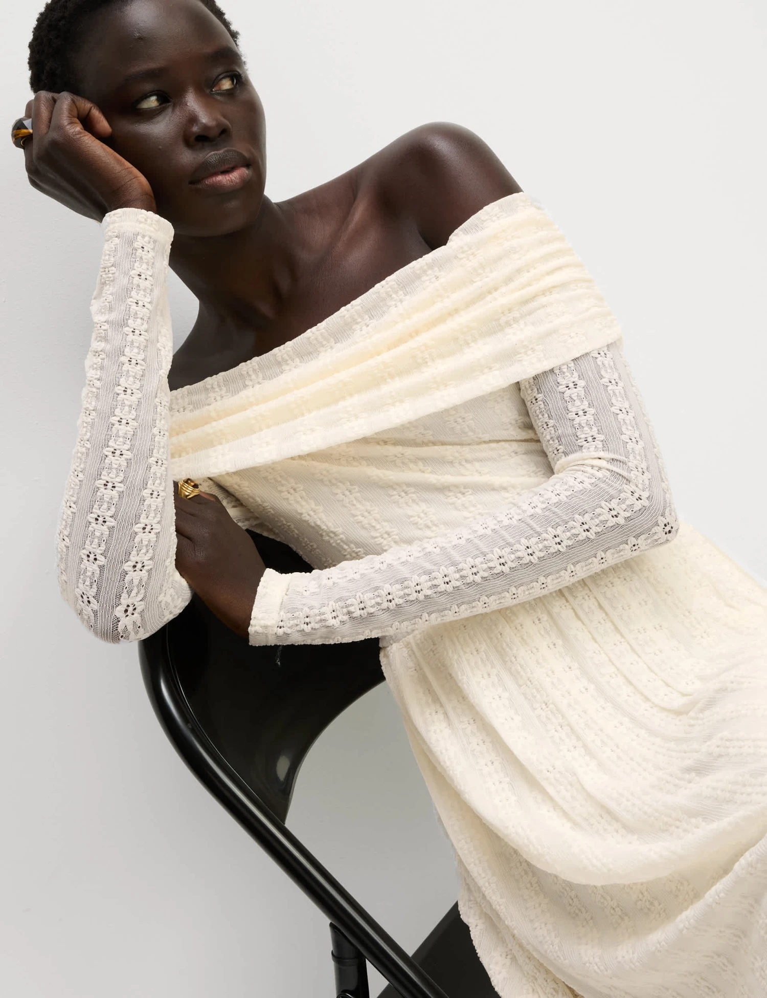 Jersey Lace Bardot Midi Waisted Dress 3 Jersey Lace Bardot Midi Waisted Dress - Image 3