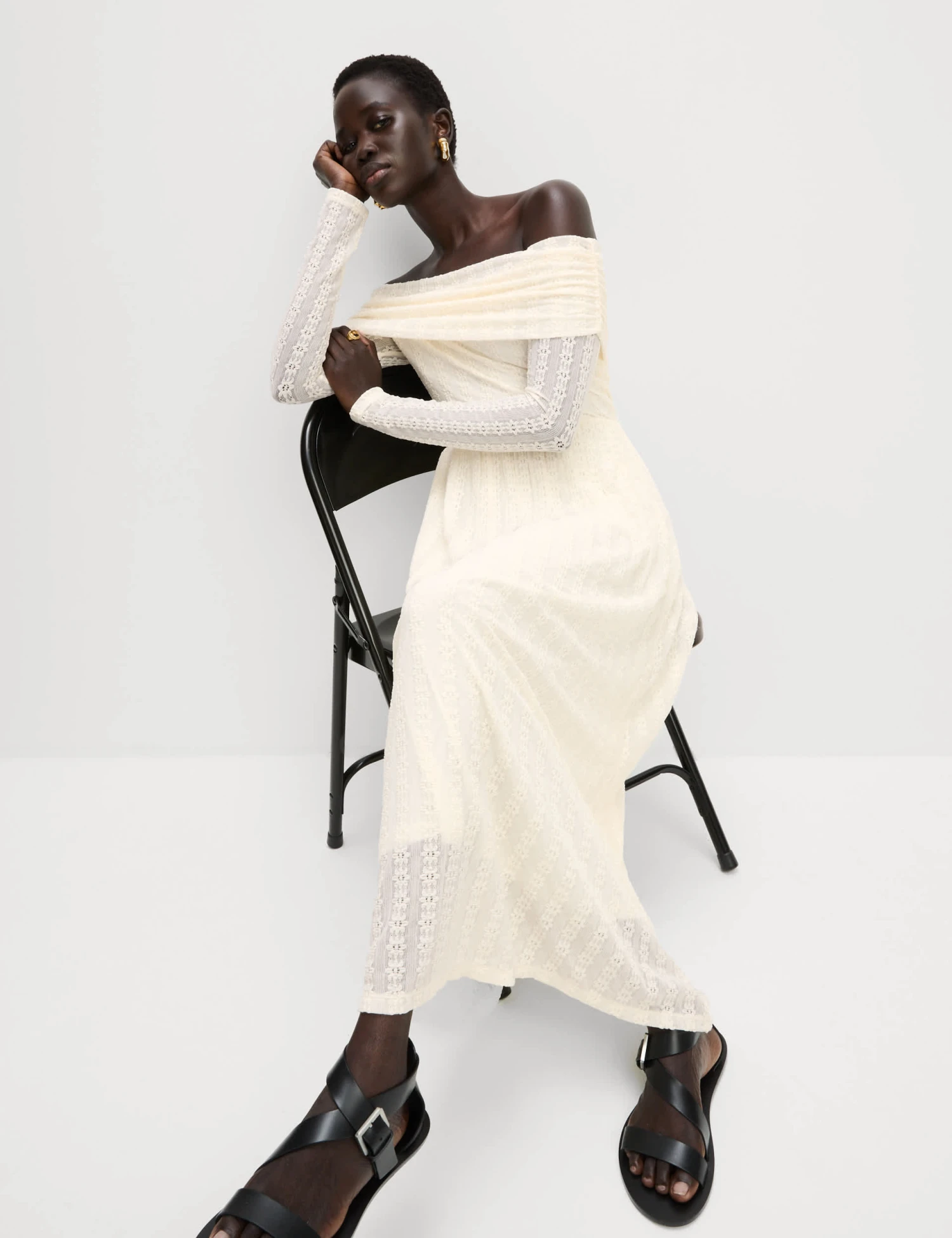 Jersey Lace Bardot Midi Waisted Dress 5 Jersey Lace Bardot Midi Waisted Dress - Image 5