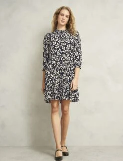 Leaf Print Crew Neck Mini Tiered Dress