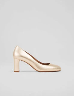 Leather Metallic Block Heel Court Shoes