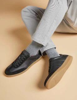 Jones Bootmaker Leather Mixed Texture Lace Up Trainers