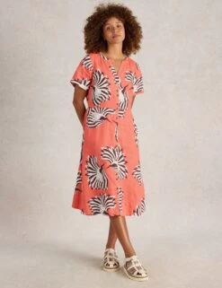 WHITE STUFF Linen Rich Printed Notch Neck Midi Tea Dress