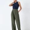 Linen Blend Pleat Front Wide Leg Trousers
