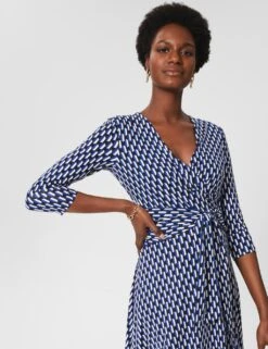 Geometric V-Neck Knee Length Wrap Dress 7 Geometric V-Neck Knee Length Wrap Dress -Marksandspencer Sale Store MS 10 T83 8130T F4 X EC 1