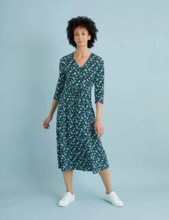 Cotton Blend Floral V-Neck Midi Dress