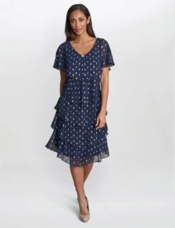 Chiffon Foil V-Neck Tiered Dress