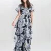 Chiffon Floral V-Neck Maxi Tiered Wrap Dress