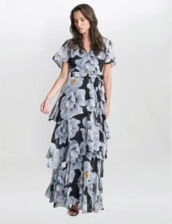 Chiffon Floral V-Neck Maxi Tiered Wrap Dress