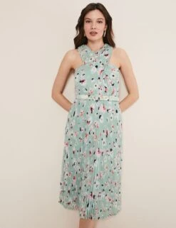 Floral Belted Pleated Midi Waisted Dress -Marksandspencer Sale Store MS 10 T83 8773T J4 X EC 3
