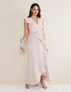 V-Neck Belted Ruffle Maxi Waisted Dress