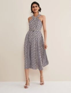 Printed Strappy Belted Midi Swing Dress