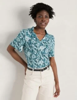 Cotton Blend Floral Frill Detail Top -Marksandspencer Sale Store MS 10 T83 8895T XT X EC 1