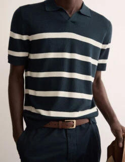 Jaeger Merino Wool With Silk Striped Knitted Polo Shirt